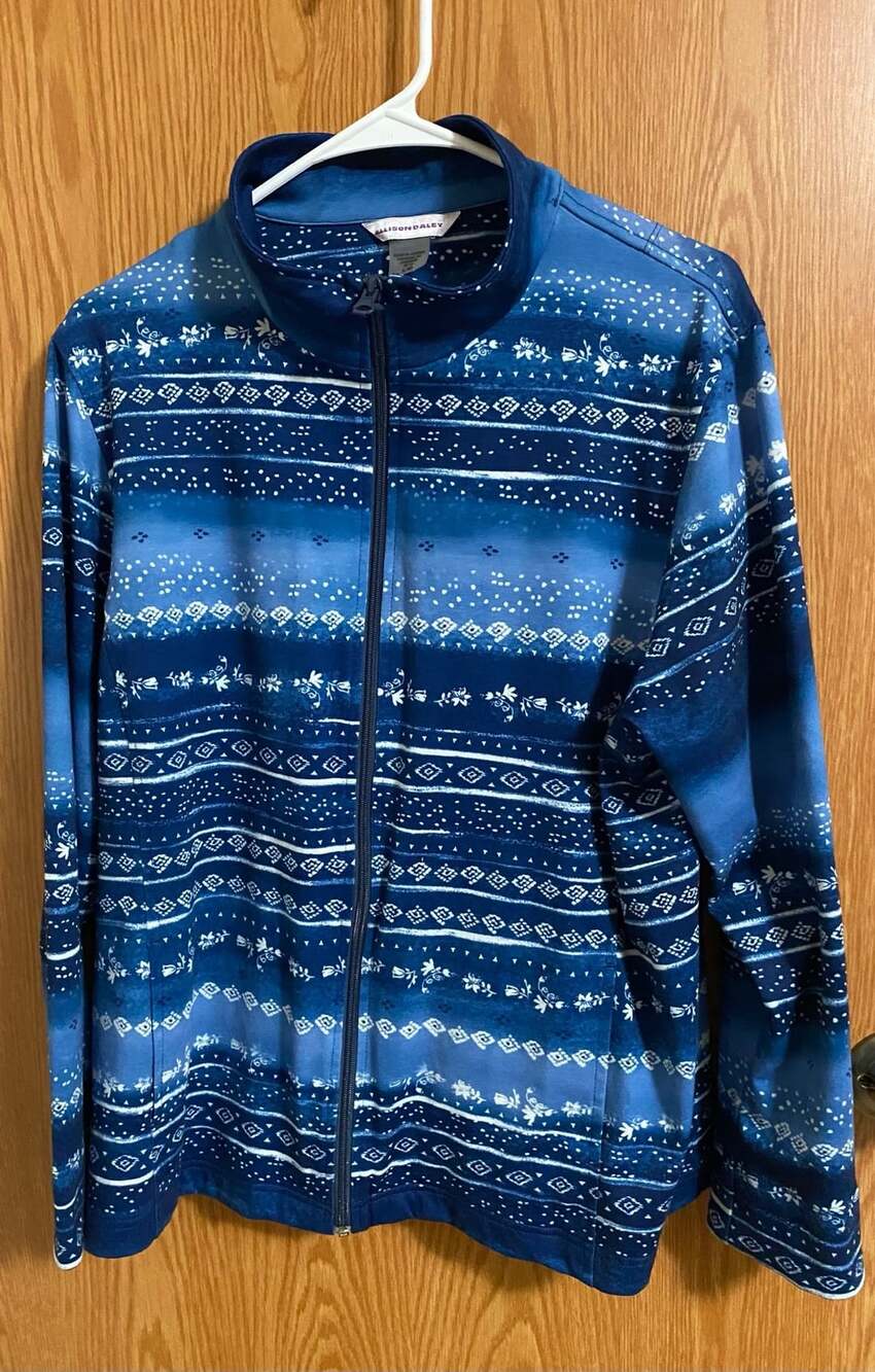 Allison Daley Full Zip Jacket Size L Blue Patterned Fleece
